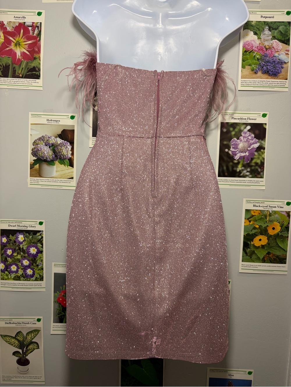 Speechless Dusty Rose Strapless Feather-Trim Glitter Dress - Picture 2 of 6
